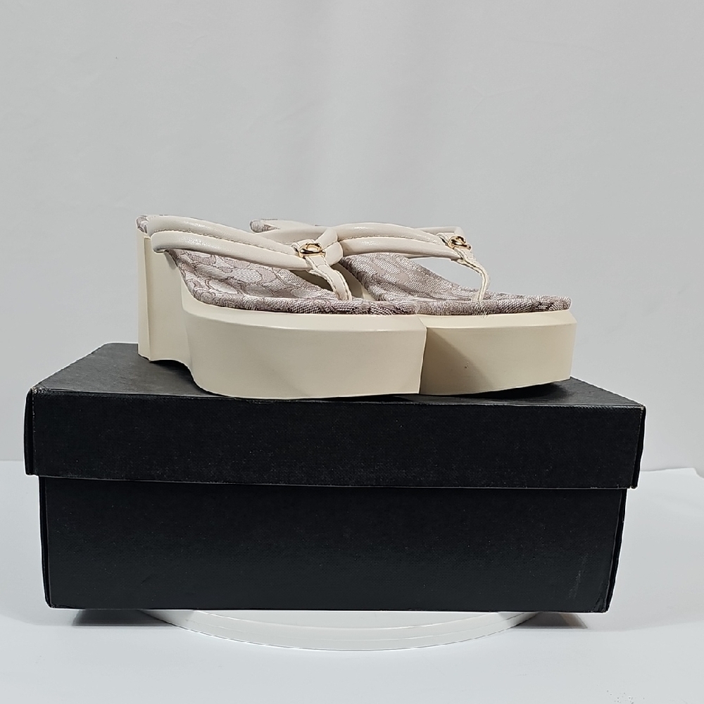 NIB Coach Franki Leather Jacquard Flip Flop Wedge Platform Sandals 10B Cream - Picture 2 of 16